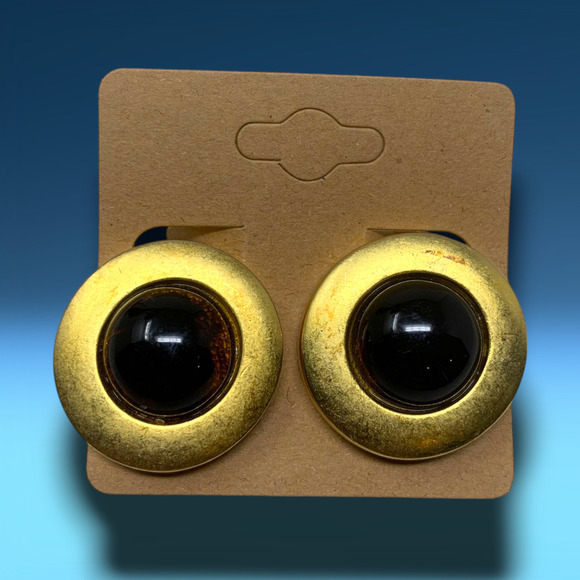 Vintage 1980's FLP Brown Cabochon Matte Gold Clip On Earrings Couture Runway - Picture 6 of 6